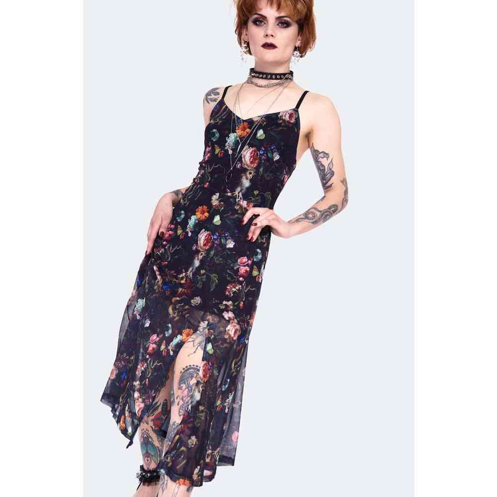 Jawbreaker - Night garden print with front open Langes Kleid - Schwarz